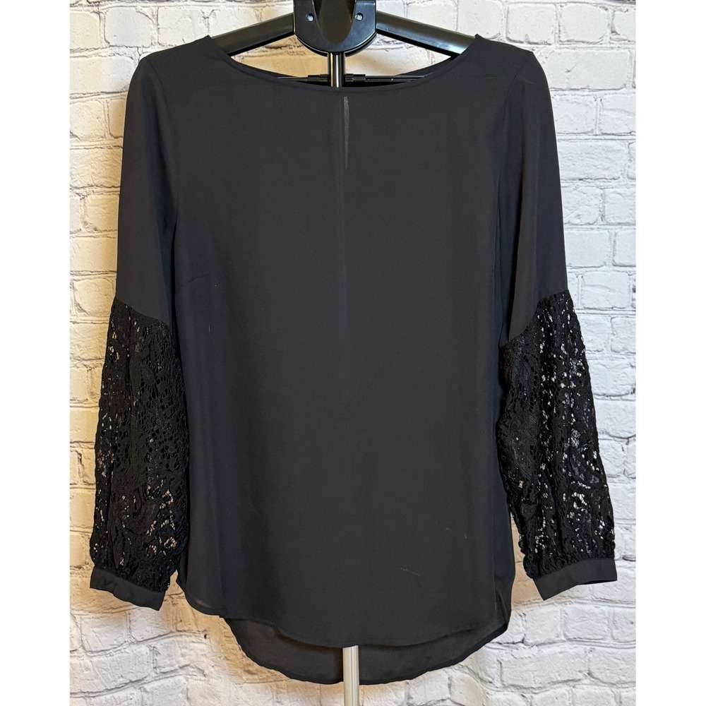 Apt. 9 Womens Black Lace Sleeve Chiffon Blouse Boat Neck Keyhole Back Size L